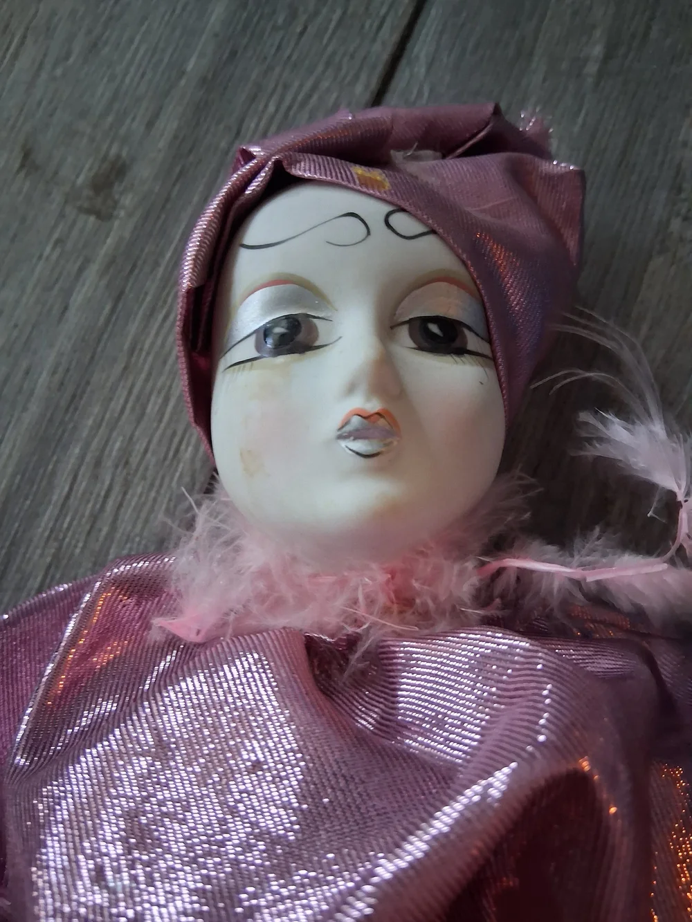 Porcelain Clown Doll in Shimmering Pink Costume